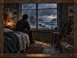 A solitary man sits beside a rain-streaked cabin window, staring across a turbulent gray-blue sea toward a distant lighthouse. Warm amber lamplight contrasts with the cold storm outside, creating a mood of reflection and restraint. Weathered wood, an acoustic guitar, scattered photographs, textured blankets, and a crafted musical frame enrich the painterly scene.