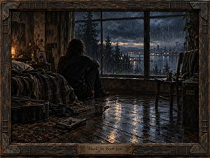 A solitary figure sits beside a rain-streaked window in a worn, dimly lit room overlooking a distant city. Deep blues, charcoal blacks, and muted amber light create a mournful, reflective mood. Textured painterly surfaces, wet floor reflections, scattered photographs, weathered furniture, and the guitar-string frame reinforce themes of memory, loss, and isolation.