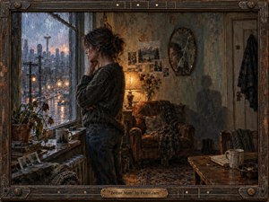A solitary woman stands beside a rain-streaked Seattle window, lost in quiet reflection within a worn, intimate apartment. Cool blue-gray city light contrasts with warm amber lamplight, revealing faded furnishings, wilted plants, photographs, and a cracked mirror. Painterly oil textures, distressed surfaces, and a guitar-inspired frame deepen the melancholic atmosphere.