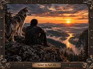 A lone figure sits beside a powerful gray wolf on a rugged mountain cliff, overlooking misty forests, winding water, and distant peaks beneath a dramatic sunset. Golden sunlight breaks through heavy clouds, contrasting warm amber and deep charcoal tones. The cinematic scene combines realism, rugged textures, and handcrafted industrial guitar-inspired framing with metallic details.