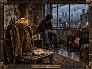 A solitary young man sits in a worn Seattle loft, gazing through rain-streaked windows toward the distant skyline. A battered guitar, amplifier, scattered records, and draped corduroy jacket deepen the grunge-era atmosphere. Warm amber lamplight contrasts with stormy blue-gray tones, while distressed textures and painterly realism create a brooding, reflective mood.