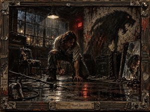 A crouching, battle-worn figure dominates a rain-soaked industrial rehearsal room, shadowed by a massive beastlike silhouette. Cold gray light, rusty reds, wet reflections, tangled cables, broken glass, chains, and battered equipment create a tense grunge atmosphere. The richly textured mixed-media style and distressed musical frame amplify the images raw, feral intensity.