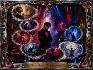 A solitary figure stands within a shadowy cathedral, surrounded by feathered memory scenes of prayer, guilt, confession, performance, and release. Deep reds, midnight blues, black, and gold glow beneath dramatic stained-glass lighting. Expressive painted textures, neon crosses, roses, musical details, and an ornate metallic frame create a theatrical, remorseful atmosphere.