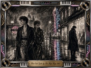 A rain-soaked London street unfolds in smoky charcoal, where two stylish women stride past neon reflections while a solitary man lingers beside glowing shop windows. Deep blacks, silvery grays, pink and blue accents create cool nocturnal tension. An ornate chrome-and-gold music-themed frame, vinyl details, piano keys, and engraved title plate complete the cinematic 1980s atmosphere.