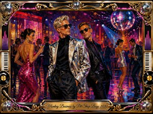 A glamorous nightclub pulses with neon pink, violet, blue, and amber light as sharply dressed figures command the dance floor beneath a mirrored disco ball. Bold, textured brushwork gives the scene energetic acrylic character, while chrome, gold, records, keyboards, microphones, and ornate musical details form a lavish frame around the seductive, playful nightlife atmosphere.