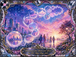 A luminous neon dreamscape unfolds beside a futuristic city park, where silhouetted figures walk toward a glowing horizon beneath a swirling S-curve of feathered bubbles filled with music, dancing, stars, and memories. Pastel blues, pinks, violets, and gold shimmer through painterly twilight, framed by ornate chrome, keyboards, vinyl, disco motifs, and elegant filigree.