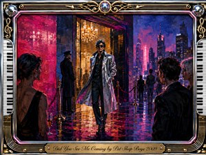 A stylish figure in a gleaming silver coat strides past velvet ropes into a luxurious neon-lit club, framed by elegant onlookers and a futuristic city skyline. Saturated magenta, blue, gold, and black create a glamorous nocturnal mood. Painterly textures, wet reflections, chandeliers, chrome details, piano keys, and disco balls heighten the theatrical atmosphere.