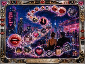 A glamorous couple overlooks a neon city as feathered bubbles sweep in an S-curve through the night, carrying red lips, hearts, records, luxury symbols, and romantic silhouettes. Saturated magenta, crimson, blue, silver, and gold glow with acrylic texture, framed by ornate chrome, musical details, and an engraved title plate.