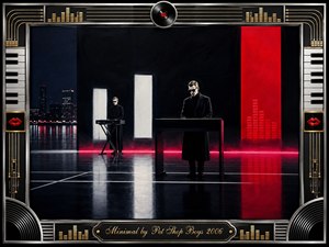 A sleek synth-pop performance unfolds in a dark, reflective city setting, with two sharply dressed musicians framed by glowing white columns and a vivid red panel. Black, silver, gold, and crimson dominate the minimalist composition. Art Deco detailing, piano keys, records, equalizer motifs, and red lips create a polished, theatrical elegance.