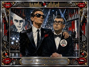 Two sharply dressed men stand beneath city lights in a theatrical noir spectacle, one confident and controlling, the other uneasy beneath an Im With Stupid badge. Glossy blacks, silver, gold, red, and midnight blue dominate, while paparazzi flashes, political imagery, vinyl motifs, microphones, red lips, and metallic framing heighten the satirical pop-art mood.