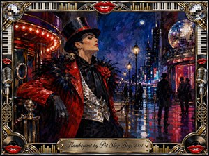 A flamboyant figure in a red feathered coat and top hat poses beside a glittering waterfront nightlife district. Deep blues, crimson, gold, and neon reflections create theatrical energy beneath warm streetlamps. Expressive oil-painted textures, mirrored disco balls, microphones, piano keys, records, red lips, and ornate chrome framing amplify the glamorous mood.