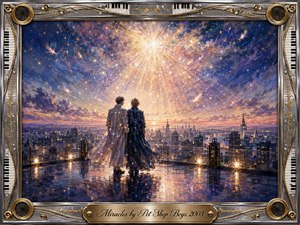 Two elegant figures stand on a rain-slick rooftop overlooking a glowing twilight city beneath a radiant celestial burst. Deep blues, violets, rose, and gold create a tender, miraculous mood, with shimmering reflections, floating feather-like lights, and painterly textures. An ornate chrome-and-gold musical frame surrounds the luminous scene.