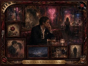 A solitary man sits in a dim, elegant bar, surrounded by framed memories of romance, rain, roses, and departure. Deep burgundy, gold, charcoal, and neon pink create a wistful, intoxicated mood. Painterly textures, glowing glassware, shadowy reflections, and an ornate music-themed frame emphasize heartbreak, nostalgia, and emotional uncertainty.