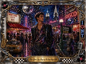 A stylish young man strides through a dazzling Manhattan night, surrounded by neon clubs, crowded sidewalks, subway signage, taxis, and glittering disco balls. Rich blues, reds, golds, and purples glow beneath theatrical lights. Expressive painted textures heighten the energetic nightlife mood, framed by chrome, instruments, records, and an engraved title plate.