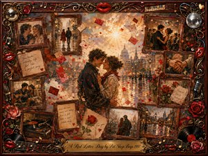 A romantic couple embraces beneath glowing city light as red envelopes and confetti drift through a nostalgic collage of framed memories. Warm gold, crimson, rosewood, and cream tones create a tender celebratory mood. Painterly oil, acrylic, and watercolor textures surround rain-slicked streets, roses, vinyl records, musical details, and an ornate engraved frame.