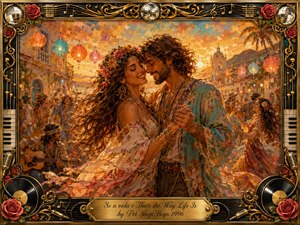 A bohemian couple dances intimately at a glowing sunset street festival, surrounded by musicians, lanterns, flowers, and joyful crowds. Warm gold, coral, turquoise, and amber tones create a romantic, celebratory mood. Rich painterly textures blend oil and acrylic effects, while an ornate music-themed frame adds roses, records, keyboards, microphones, and gilded details.