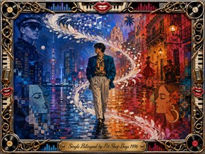 A stylish lone figure walks between a cool blue futuristic city and a warm red-orange Latin street, joined by a sweeping S-curve of white feathers and musical notes. Neon reflections shimmer across wet pavement, while expressive painted portraits, dancers, and musicians enrich the vibrant mixed-media scene, framed by ornate chrome-and-gold musical motifs.