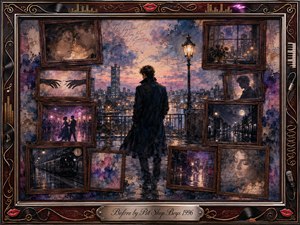 A solitary man stands on a rain-slicked city terrace at twilight, surrounded by rosewood-framed memories of lovers, dancing, trains, moonlit streets, and fading faces. Dusky blues, violets, blush pinks, and amber lights create a wistful glow. Layered oil, acrylic, and watercolor textures evoke elegant, romantic nostalgia.