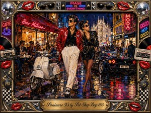 A stylish couple strides through rain-slicked Milan at night, framed by scooters, luxury cars, caf crowds, and glowing fashion signs beneath the illuminated cathedral. Rich reds, blues, golds, and neon reflections create a glamorous, restless mood. Expressive oil-paint textures combine with an ornate chrome-and-gold frame decorated with lips, records, cassettes, sunglasses, and disco motifs.
