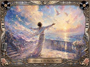 A radiant figure in flowing white stands on a seaside terrace, arms open toward a glowing sunrise as birds sweep through a pastel sky. Soft blues, golds, pinks, and lavender create an uplifting, dreamlike mood. Richly textured painterly strokes contrast with an ornate metallic frame featuring records, keyboards, roses, wings, microphones, and engraved title plate.