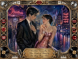 A stylish couple shares a flirtatious midnight moment on a rain-slicked city street glowing with neon signs, club lights, and reflected blues, pinks, and golds. Painted with rich acrylic and watercolor textures, the romantic scene feels playful and cinematic, framed by ornate chrome, gold filigree, red lips, vinyl records, keyboards, microphones, and disco-ball details.