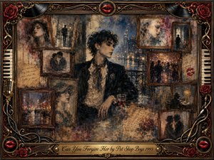 A solitary, stylish figure sits amid layered rosewood-framed memories of romance, nightlife, and separation, overlooking a rain-washed city. Muted blues, sepia browns, crimson roses, and warm gold highlights create a bittersweet atmosphere. Painterly textures, scattered letters, musical motifs, red lips, and ornate framing suggest regret, longing, and unresolved forgiveness.