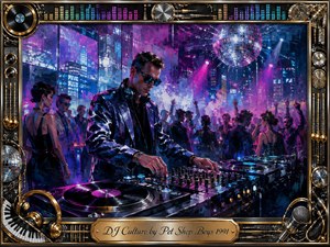 A stylish DJ commands a crowded futuristic nightclub, surrounded by turntables, mixing controls, headphones, and glowing city windows. Electric blues, magentas, and violets pulse beneath mirrored disco balls and sweeping spotlights. Expressive painterly textures create energetic sophistication, while an ornate chrome-and-gold music-themed frame and engraved title plate complete the composition.