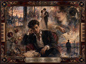 A solitary man sits brooding in an elegant room, surrounded by fading romantic memories of dancing lovers, rain-streaked windows, letters, roses, and distant city lights. Burgundy, amber, cream, smoky blue, and gold create a wistful mood. Painterly oil, acrylic, and watercolor textures blend into an ornate musical rosewood frame.