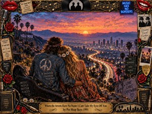 A romantic couple overlooks a glowing city from a rocky hillside at sunset, surrounded by palm trees, winding highways, and distant mountains. Warm orange, pink, and violet skies contrast with cool urban lights. An elaborate music-themed frame of guitars, vinyl, roses, microphones, neon signs, tickets, and memorabilia creates a nostalgic, painterly atmosphere.