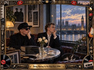 Two reflective men sit beside a rain-streaked London window at dusk, surrounded by records, books, roses, and a sleeping cat. Warm amber light contrasts with cool blue city tones, creating a nostalgic, contemplative mood. Rich painterly textures and an ornate music-themed frame evoke memory, elegance, and quiet passage of time.
