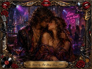 A seductive couple embraces in a neon-lit nightclub overlooking a glittering city skyline, surrounded by dancers, roses, instruments, vinyl, chrome, and glowing stage lights. Rich reds, purples, golds, and deep shadows create a dramatic romantic mood, rendered in textured painterly detail within an ornate musical frame and engraved title plate.