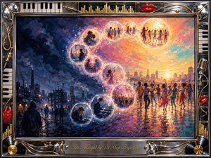 A luminous acrylic-style cityscape journeys from shadowy blue industrial streets into a radiant golden sunrise, linked by glowing feather-edged bubbles forming an elegant S-curve of music, love, dancing, and togetherness. Warm coral, magenta, turquoise, and gold intensify toward hope, framed by ornate chrome, piano keys, vinyl, microphones, and red lips.