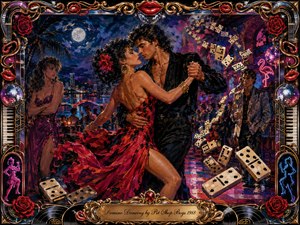 A passionate couple dances beneath moonlight on a neon-lit tropical terrace as ivory dominoes spiral dramatically around them. Rich reds, magentas, blues, and golds create a sensual, bittersweet mood. Painterly textures, city reflections, palm shadows, jealous onlookers, disco details, roses, musical motifs, and an ornate frame complete the theatrical composition.