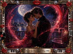 A passionate couple embraces beneath moonlight on a glittering city terrace, surrounded by sweeping crimson heart-shaped energy and glowing heartbeat lines. Rich reds, midnight blues, gold, and chrome create a sensual, dramatic mood. Painterly textures blend romance with 1980s pop glamour, framed by roses, records, microphones, keyboards, and mirrored disco ornaments.