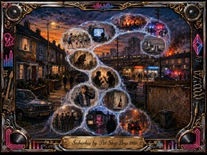 A rain-soaked suburban street glows beneath a turbulent twilight sky, framed by ornate chrome, gold, speakers, guitars, and neon details. Translucent bubble-like memories curve through the scene, revealing youth, unrest, police lights, television, romance, and isolation. Rich oil-painted textures, fiery orange highlights, and cool blues create a tense, nostalgic atmosphere.