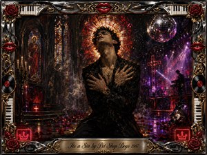 A tormented figure stands beneath stained glass in a shadowy cathedral merging with a neon nightclub, arms crossed over his chest in anguished reflection. Deep reds, black, gold, and violet dominate beneath dramatic candlelight and stage beams. Baroque chrome framing, roses, records, piano keys, glowing crosses, and a mirrored disco ball heighten the theatrical atmosphere.