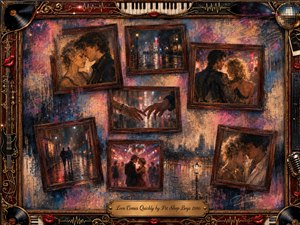 A nostalgic romantic collage captures fleeting love through rosewood-framed scenes of couples embracing, touching hands, dancing, and walking through rain-soaked city streets. Warm amber, crimson, violet, and midnight-blue tones glow beneath neon reflections and soft lamplight. Ornate musical details, vinyl records, keyboards, guitars, lips, and a brass title plate complete the richly textured painted composition.