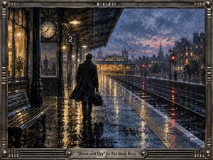 A solitary traveler walks along a rain-soaked railway platform at dusk, carrying a small bag toward a warmly glowing station. Deep blues, charcoal grays, amber lights, and red signals reflect across wet pavement and rails. Expressive painterly textures, Victorian architecture, a large clock, and an industrial metal frame create a wistful, cinematic mood of longing and return.
