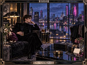 A stylish solitary figure lounges in a velvet penthouse, gazing through rain-streaked windows at a neon-lit city and distant dome. Cool blues and magentas mingle with warm amber lamplight across marble, brass, and glass. The composition feels intimate and cinematic, with wilted flowers, reflections, and Art Deco framing deepening the mood of elegant loneliness.