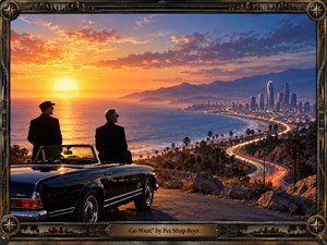 Two sharply dressed men overlook a glowing coastal city beside a sleek vintage convertible as sunset burns across the ocean. A winding highway of light leads toward distant skyscrapers, creating a hopeful, cinematic mood. Rich gold, orange, and deep blue tones, dramatic illumination, and an ornate metallic frame evoke polished synth-pop grandeur.
