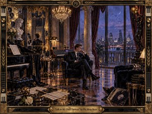 An elegant man sits alone in an opulent late-night penthouse, surrounded by a grand piano, synthesizer, marble sculpture, crystal glassware, and reflective surfaces. Warm amber chandeliers contrast with cool blue city lights beyond tall windows, creating a sophisticated, melancholic mood in a richly textured oil-and-gouache style framed with brass detailing.