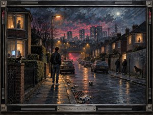 A lone young man stands on a rain-slick suburban street at dusk, facing distant tower blocks beneath a bruised violet-and-crimson sky. Warm window light, amber streetlamps, parked cars, graffiti, and scattered litter create a tense, melancholic mood. Rendered as a richly textured, cinematic painting, the scene is enclosed in a dark decorative frame with a titled metal plate.