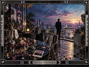 A solitary man overlooks London at sunset from a luxurious, party-worn penthouse, surrounded by wilted roses, scattered confetti, masks, glassware, and abandoned glamour. Deep blues, pinks, golds, and reflective blacks create a bittersweet mood. Textured painterly surfaces, dramatic city light, and a piano-inspired frame evoke elegant regret.