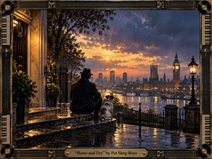 A contemplative man and faithful terrier sit on rain-darkened steps overlooking London at sunset. The glowing river, bridges, Parliament, and illuminated clock tower create a poignant sense of homecoming and reflection. Warm amber light contrasts with cool blue clouds, while ornate piano keys, vinyl records, and brass framing enhance the handcrafted, nostalgic atmosphere.