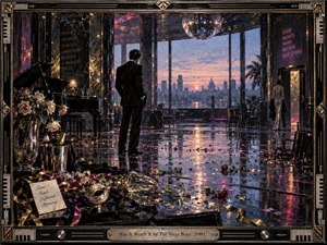 A solitary man stands in a lavish, nearly empty nightclub at dawn as a woman departs, leaving behind flowers, ribbons, masks, and shattered celebration. Glossy floors reflect pink, gold, and blue light beneath a disco ball, creating a bittersweet mood of glamour, regret, and emotional aftermath in richly detailed painterly realism.