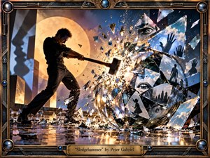 A dark-clad figure swings a heavy sledgehammer into a glowing glass sphere, exploding it into reflective shards filled with surreal eyes, hands, clouds, silhouettes, and city forms. Warm amber light clashes with deep blue shadows, creating dramatic motion, tension, and release within a polished, cinematic mixed-media composition framed by ornate industrial metalwork.