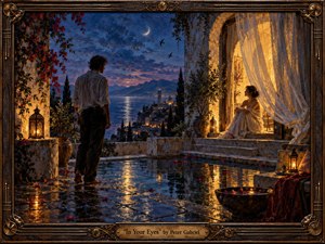 A moonlit Mediterranean terrace frames two figures separated by a reflective pool, their quiet gaze charged with longing and intimacy. Deep blues, amber lantern light, flowering vines, distant mountains, and shimmering water create romantic depth. Rich painterly textures, carved bronze framing, and warm interior light give the scene a timeless, handcrafted elegance.