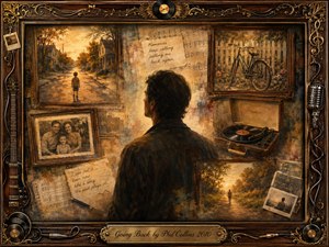 A reflective man faces a warm collage of fading memories, including childhood streets, family photographs, a bicycle, handwritten notes, vinyl records, and a sunlit path. Sepia, amber, and muted gold tones glow with nostalgic light. Painterly oil, acrylic, and watercolor textures blend softly within an ornate rosewood musical frame.