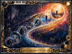 A dynamic painted musical journey rises from a dark, stormy city into radiant concert light, with feathered bubbles tracing an S-shaped path from struggle to triumph. Deep blues, golds, reds, and violet strokes create energetic motion, while chrome, brass, piano keys, saxophone, drums, and vinyl form an ornate illuminated frame.