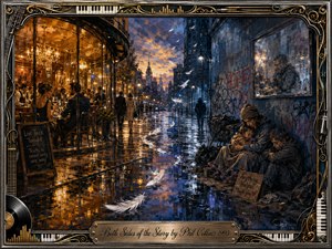 A rain-soaked city street contrasts warm cafe luxury with a struggling family sheltering in a cold, graffiti-lined alley. Golden amber light meets deep blues and grays across reflective pavement, while drifting white feathers connect both worlds. Rich painterly textures, cinematic lighting, and an ornate music-themed frame create a compassionate, contemplative mood.